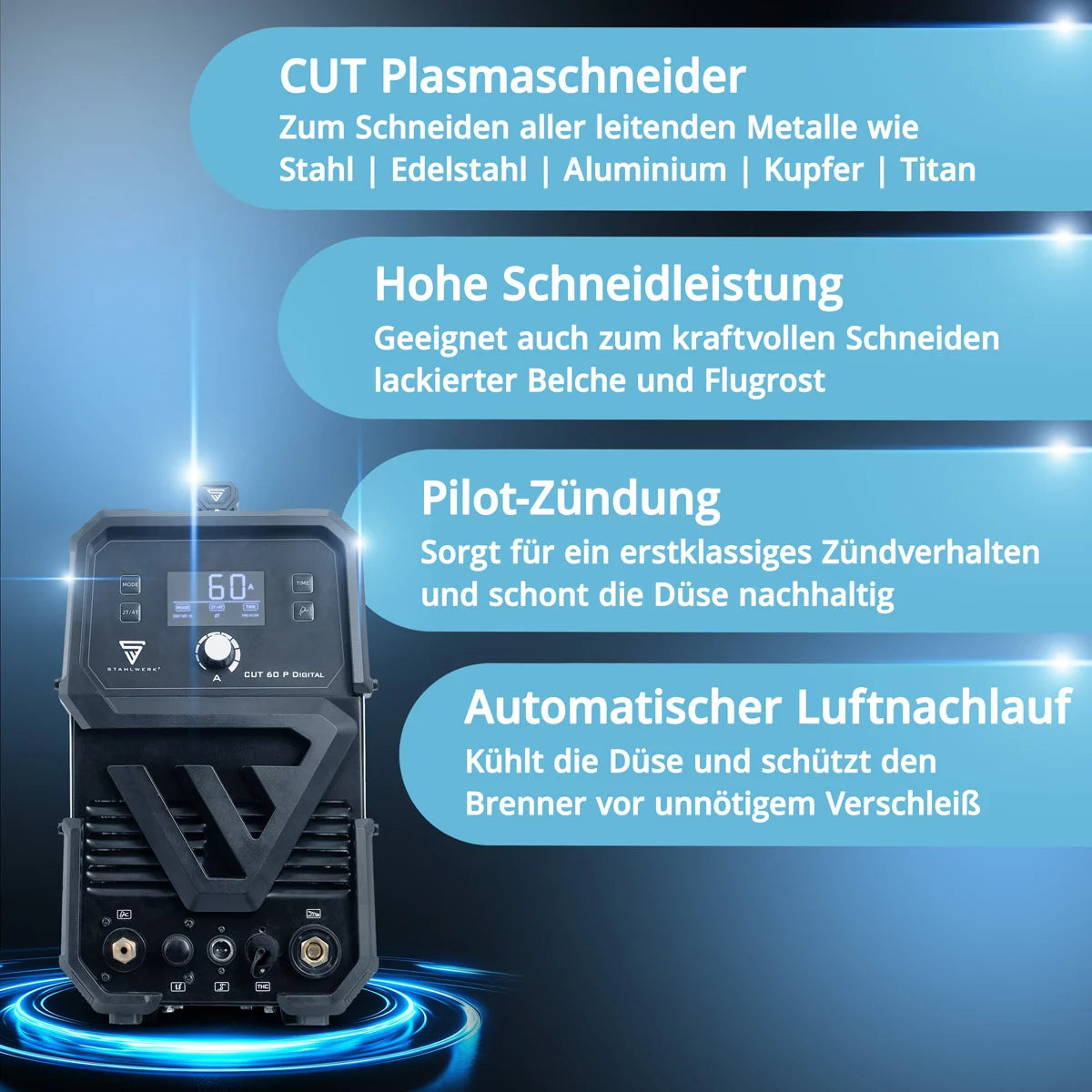STAHLWERK Plasmaschneider CUT 60 P Digital Vollausstattung | 60 A Inverter-Plasmaschneider | HF-Pilotzündung | Digitalanzeige | THC-Schnittstelle für CNC | Schneidleistung bis 20 mm | Plasma Cutter mit 2T/4T-Funktion
