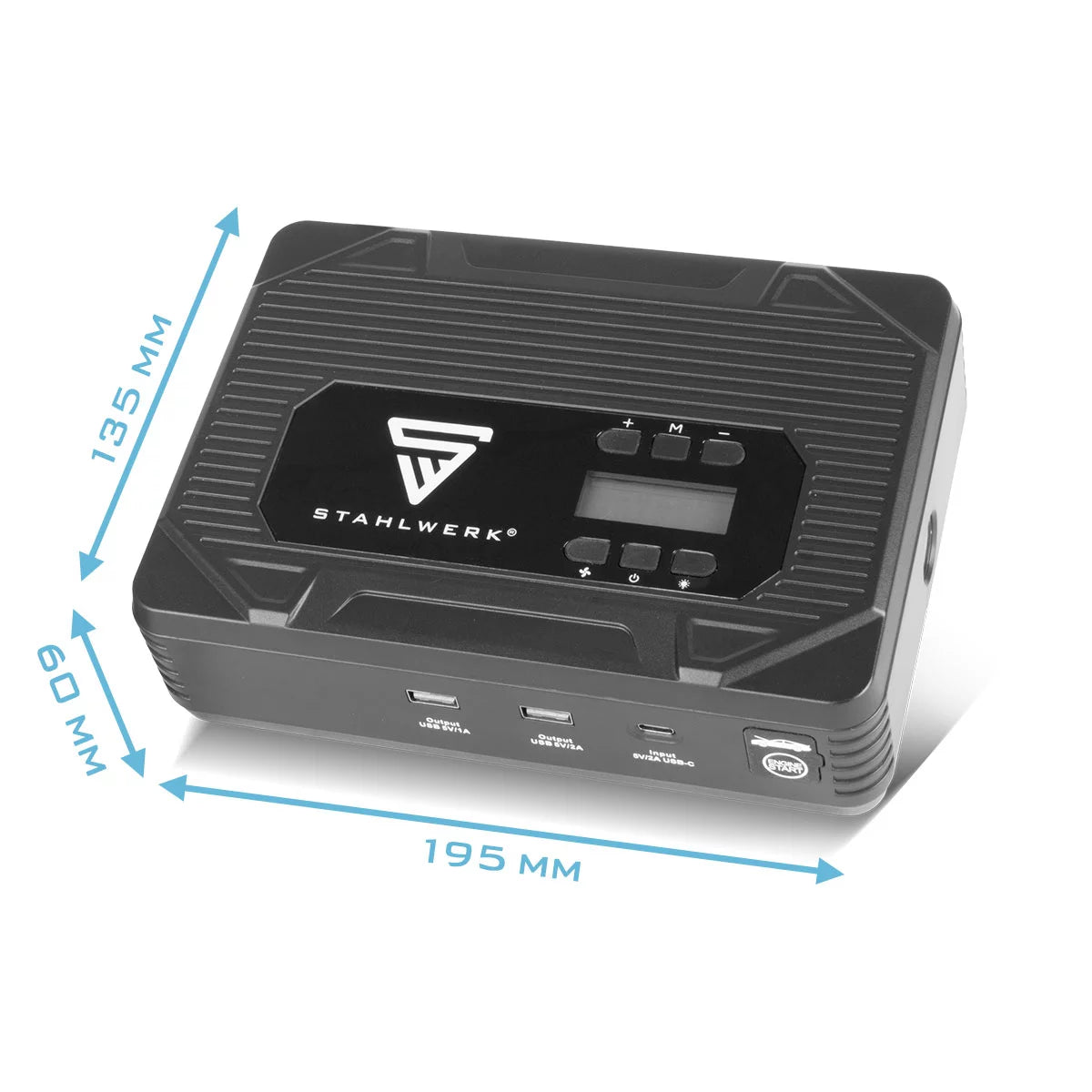 STAHLWERK PB-1400 ST | Powerbank Starthilfe 400 A, 14.000 mAh | Für Benzin- und Dieselmotoren | Mobiler Kompressor mit 3,5 bar Arbeitsdruck und LED-Leuchte | USB-Ladegerät und Starthilfe in einem