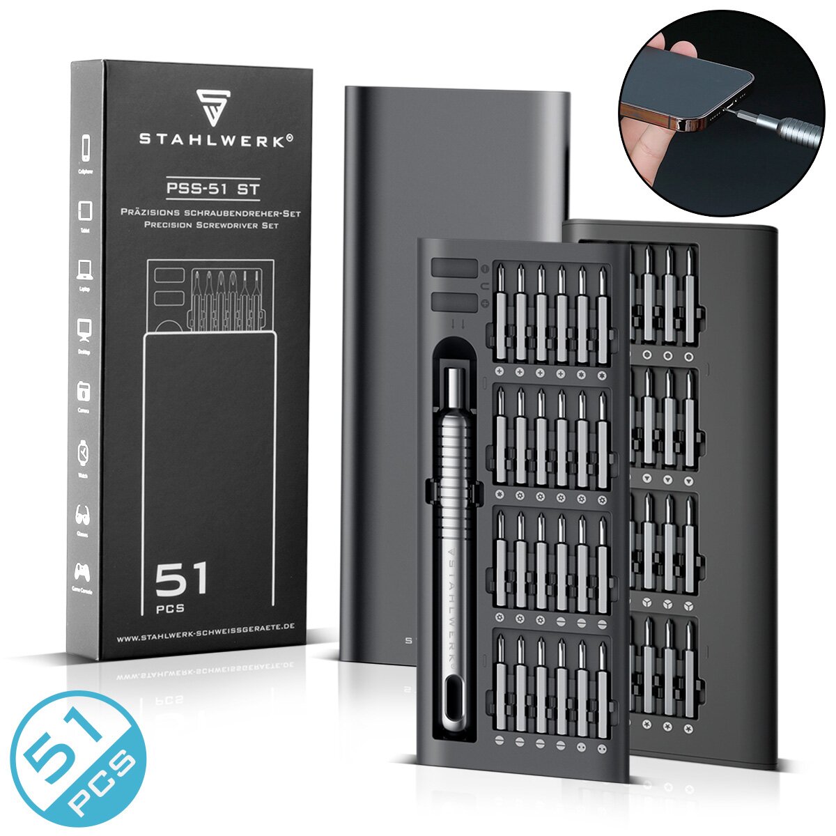 Set cacciaviti di precisione STAHLWERK PSS-51 ST Set meccanica di precisione da 51 pezzi | Strumento eccellente | Cacciavite sottile | Cacciavite fine con set di punte in cromo vanadio