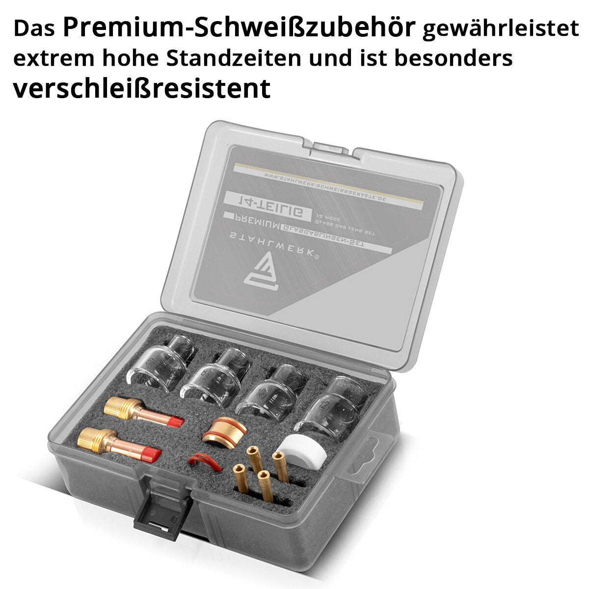 STAHLWERK Premium WIG Glas-Gaslinsen-Set 14-teiliges Schweißzubehör mit Glas-Gasdüsen, Spannhülsen, Spannhülsengehäusen, Schweißbrenner-Isolator, Dichtungen und Glasdüsen-Adapter für WP | SR 17, 18, 26 WIG Schweißbrenner