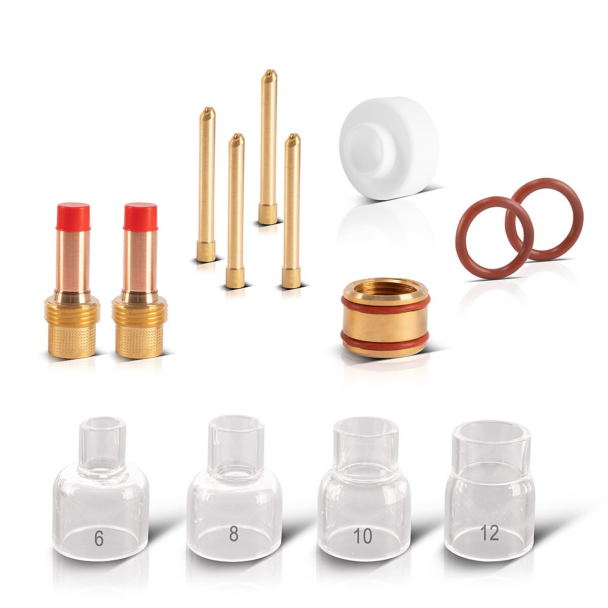 STAHLWERK Premium WIG Glas-Gaslinsen-Set 14-teiliges Schweißzubehör mit Glas-Gasdüsen, Spannhülsen, Spannhülsengehäusen, Schweißbrenner-Isolator, Dichtungen und Glasdüsen-Adapter für WP | SR 17, 18, 26 WIG Schweißbrenner