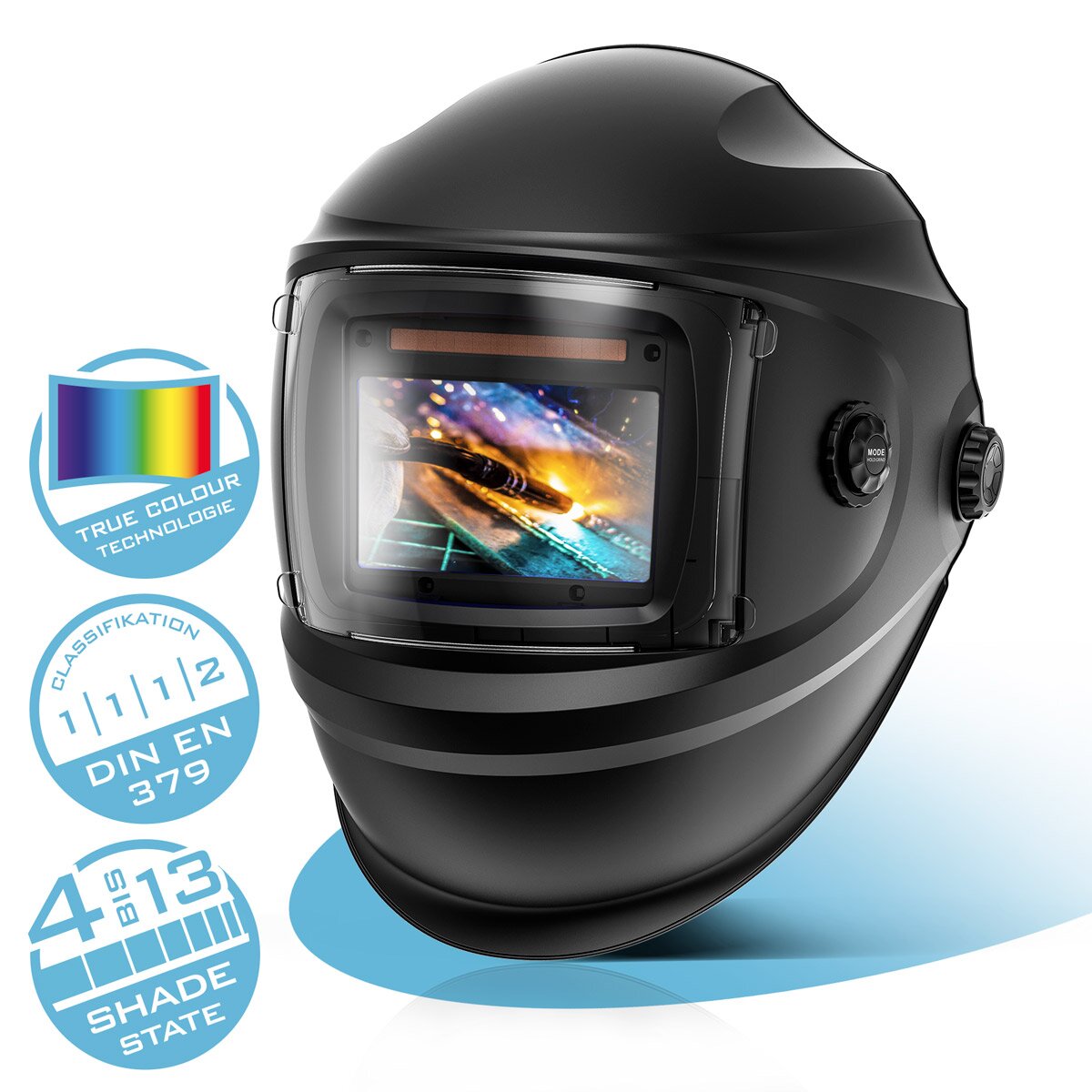 Casco de soldadura automático STAHLWERK BULLET Casco de soldadura 3 en 1 | Escudo de soldadura | Máscara de soldadura con reproducción de color fiel, oscurecimiento automático DIN 4 a DIN 13 y clase óptica 1/1/1/2
