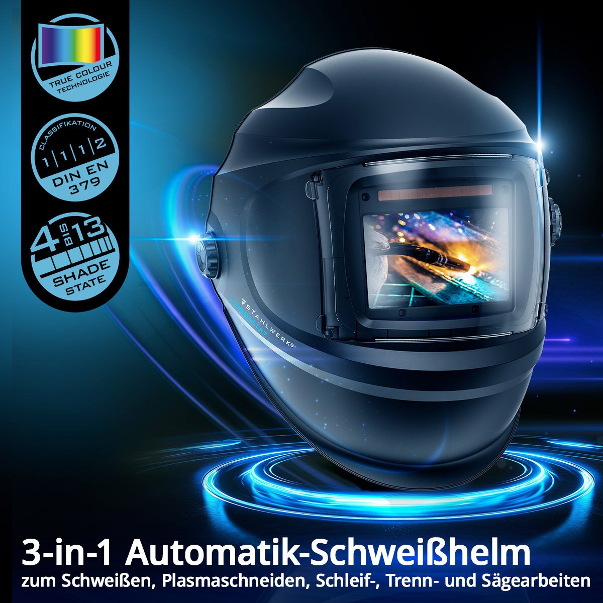 Casco de soldadura automático STAHLWERK BULLET Casco de soldadura 3 en 1 | Escudo de soldadura | Máscara de soldadura con reproducción de color fiel, oscurecimiento automático DIN 4 a DIN 13 y clase óptica 1/1/1/2