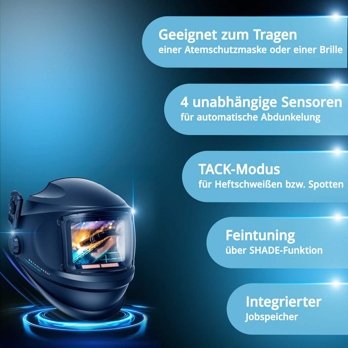 STAHLWERK Automatik-Schweißhelm MASTER 3-in-1 mit Fernbedienung, klappbarem Visier, True-Colour-Echtfarbwiedergabe, Jobspeicher, automatischer Abdunkelung DIN 4 bis DIN 14 und Optischer Klasse 1/1/1/1