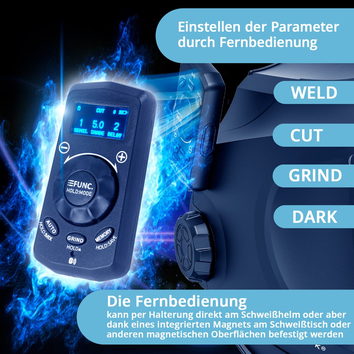 STAHLWERK Automatik-Schweißhelm MASTER 3-in-1 mit Fernbedienung, klappbarem Visier, True-Colour-Echtfarbwiedergabe, Jobspeicher, automatischer Abdunkelung DIN 4 bis DIN 14 und Optischer Klasse 1/1/1/1