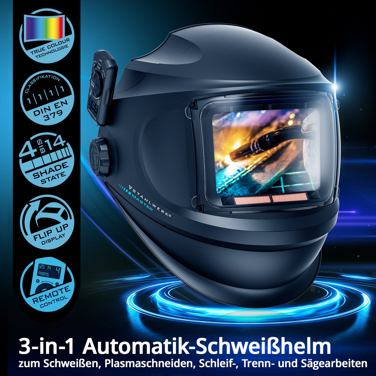 STAHLWERK Automatik-Schweißhelm MASTER 3-in-1 mit Fernbedienung, klappbarem Visier, True-Colour-Echtfarbwiedergabe, Jobspeicher, automatischer Abdunkelung DIN 4 bis DIN 14 und Optischer Klasse 1/1/1/1