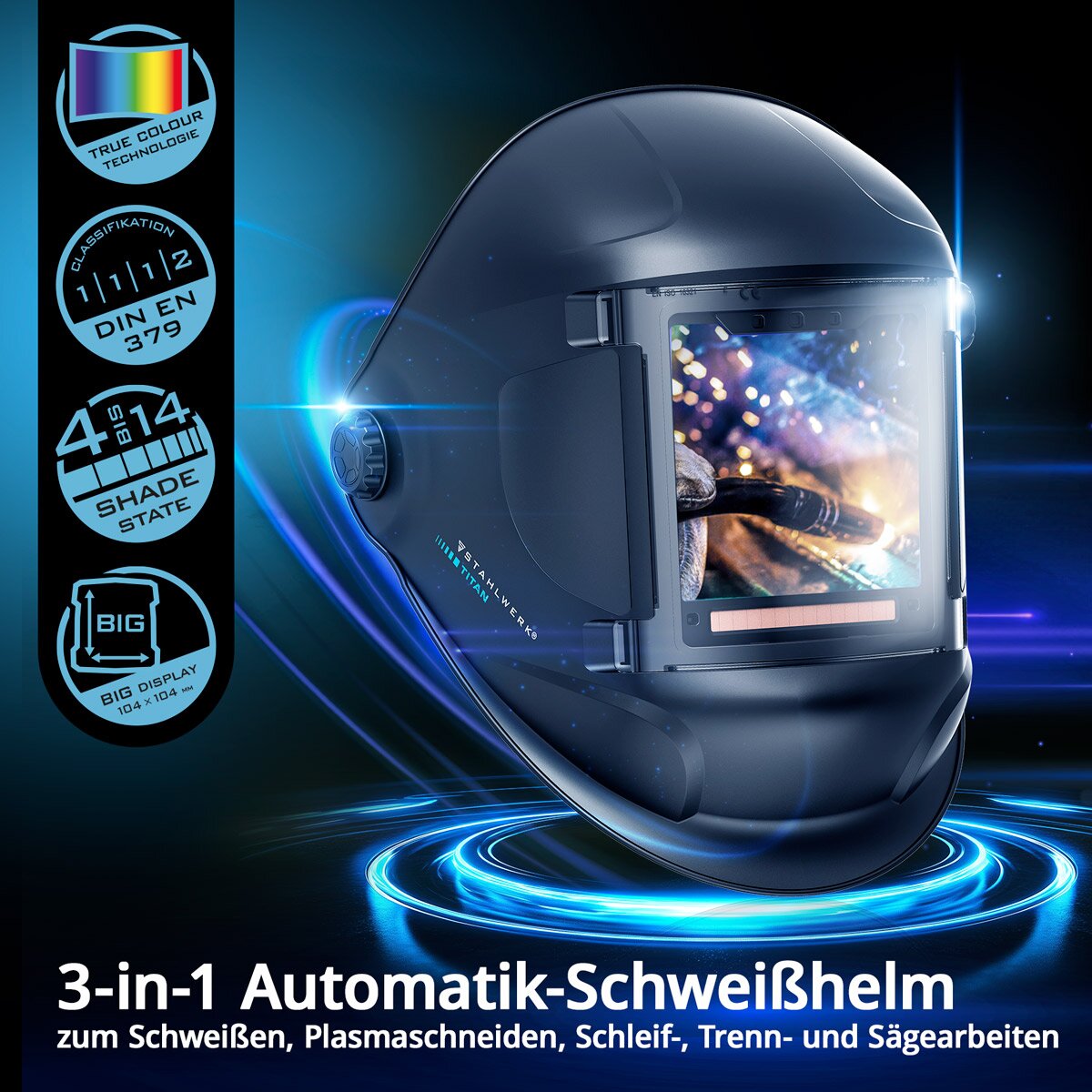 STAHLWERK automatic welding helmet TITAN 3-in-1 welding helmet | Welding mask with true color reproduction, job memory, automatic darkening DIN 4 to DIN 14 and optical class 1/1/1/1