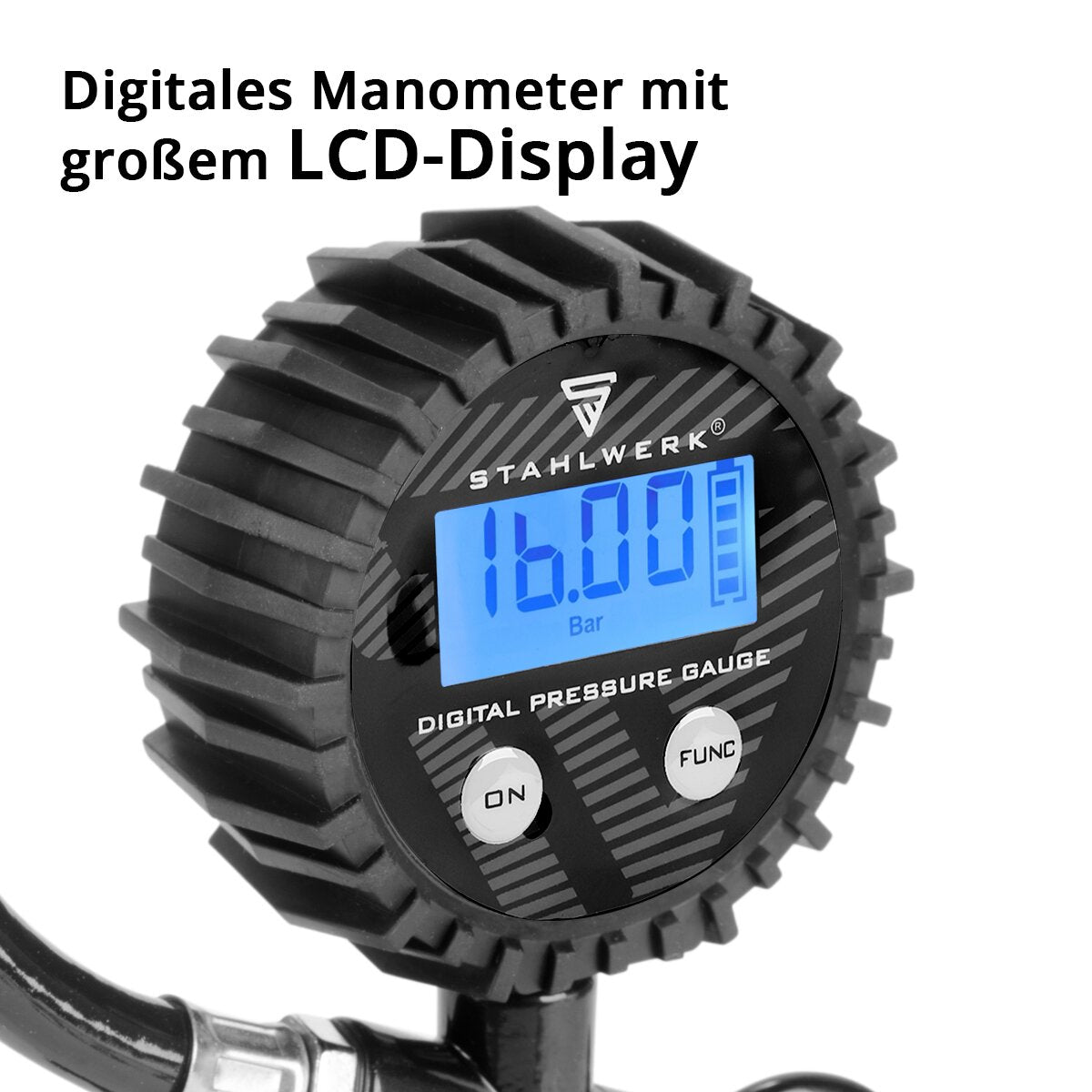 Pistola de inflado de neumáticos de aire comprimido digital STAHLWERK DRD-16 ST | Inflador de neumáticos de aire comprimido con manómetro digital | Manómetro de neumáticos para coches, camiones, motos, bicicletas | Rango de medición 0-16 bar / 0-232 PSI