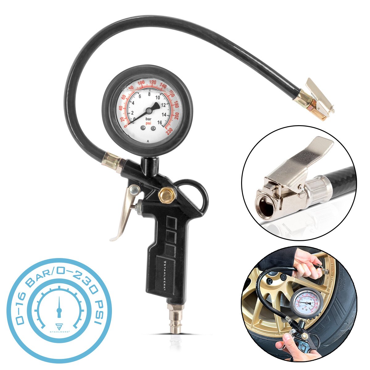 Pistolet de gonflage de pneus à air comprimé STAHLWERK DRA-161 ST | Gonfleur de pneus à air comprimé avec manomètre | Manomètre de pression des pneus 2 en 1 pour voitures, camions, motos, vélos | Plage de mesure 0 à 16 bar/ 0 à 230 PSI