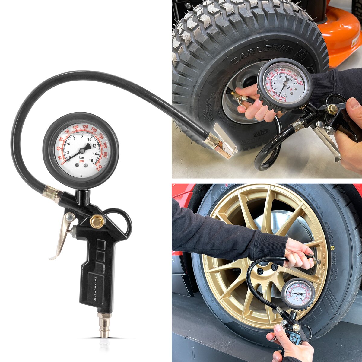 Pistolet de gonflage de pneus à air comprimé STAHLWERK DRA-161 ST | Gonfleur de pneus à air comprimé avec manomètre | Manomètre de pression des pneus 2 en 1 pour voitures, camions, motos, vélos | Plage de mesure 0 à 16 bar/ 0 à 230 PSI