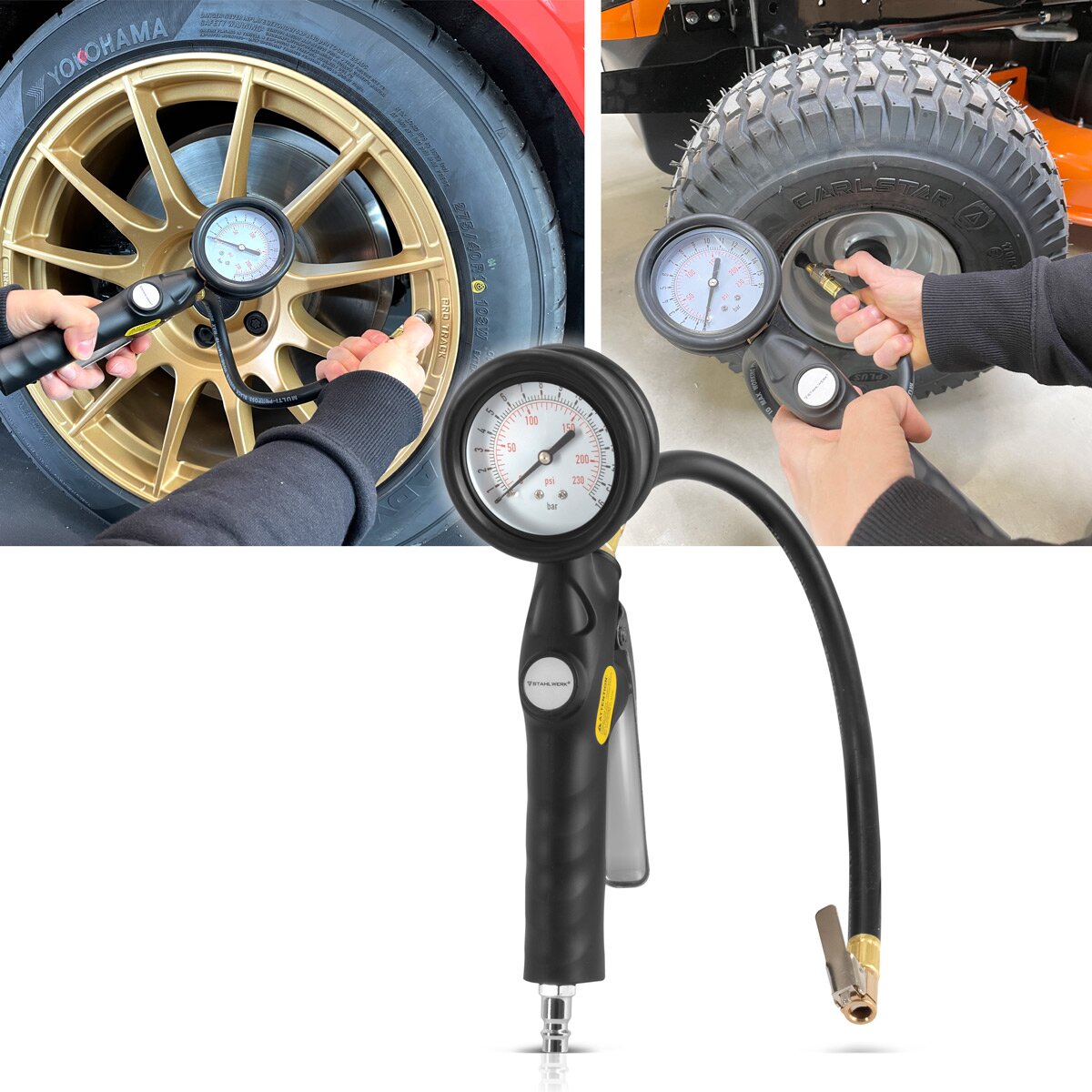 Pistolet de gonflage de pneus à air comprimé STAHLWERK DRA-162 ST | Gonfleur de pneus à air comprimé avec plage de mesure du manomètre | Manomètre de pression des pneus 2 en 1 pour voitures, camions, motos, vélos | Plage de mesure 0 à 16 bar/ 0 à 230 PSI