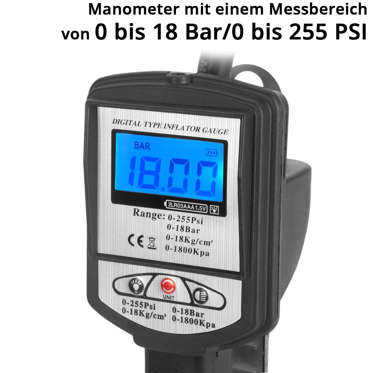 Pistola per gonfiaggio pneumatici digitale STAHLWERK DRP-18 ST | Gonfiatore per pneumatici ad aria compressa con manometro digitale | Manometro digitale per pneumatici per auto, camion, moto, biciclette | Campo di misura 0-18 Bar / 0-255 PSI
