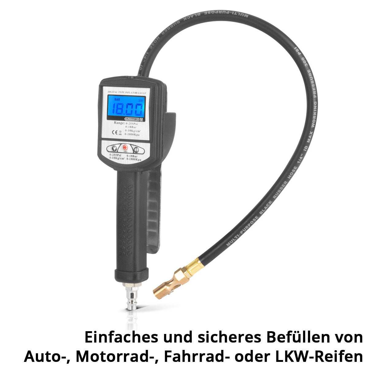 Pistola per gonfiaggio pneumatici digitale STAHLWERK DRP-18 ST | Gonfiatore per pneumatici ad aria compressa con manometro digitale | Manometro digitale per pneumatici per auto, camion, moto, biciclette | Campo di misura 0-18 Bar / 0-255 PSI