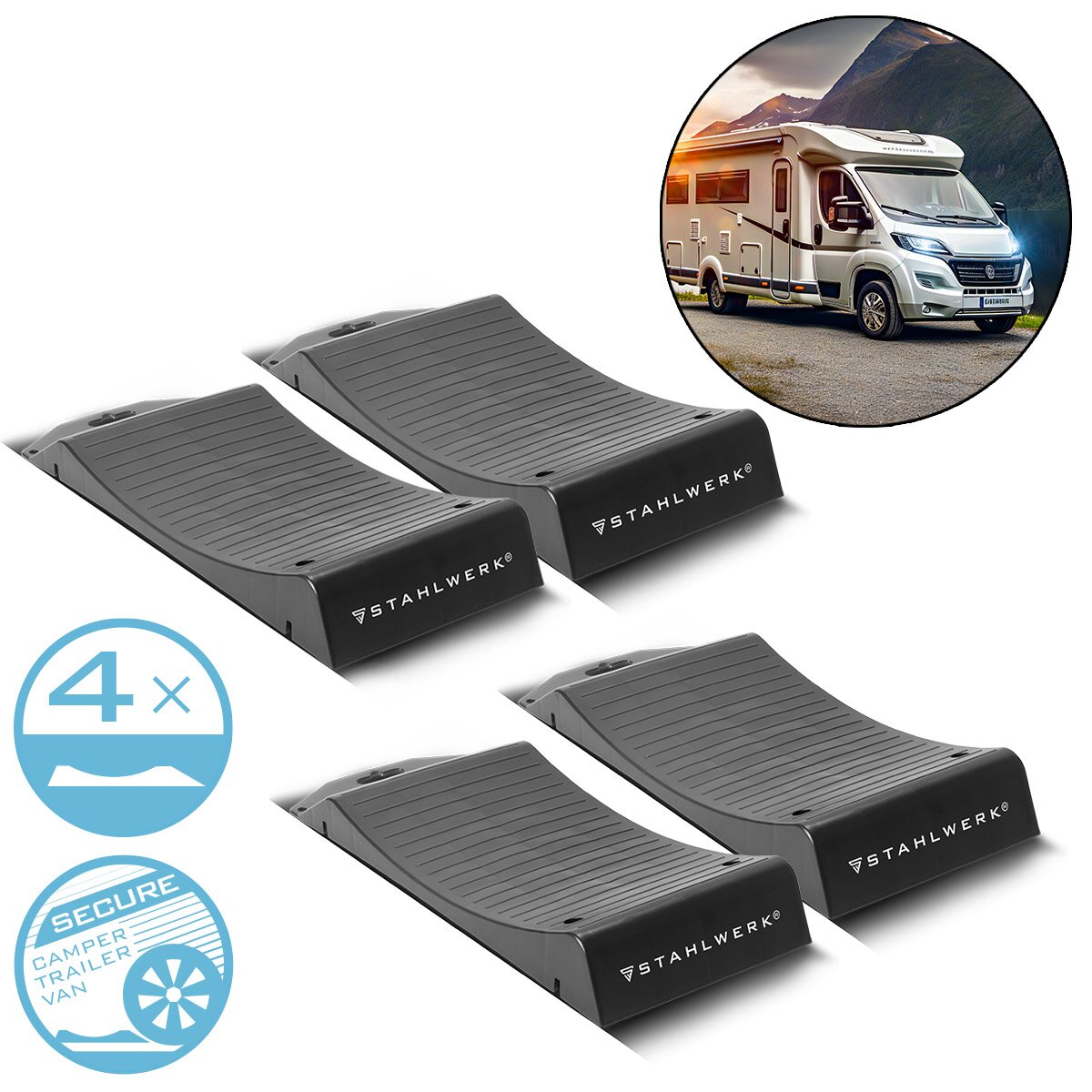 Piastre base per protezione pneumatici STAHLWERK GT-18 ST set da 4 con supporto per pneumatici con portata di 2,7 t | Scarpe per pneumatici | ostacolo | Cunei da ruota per auto, camper, camper, camper, roulotte o roulotte
