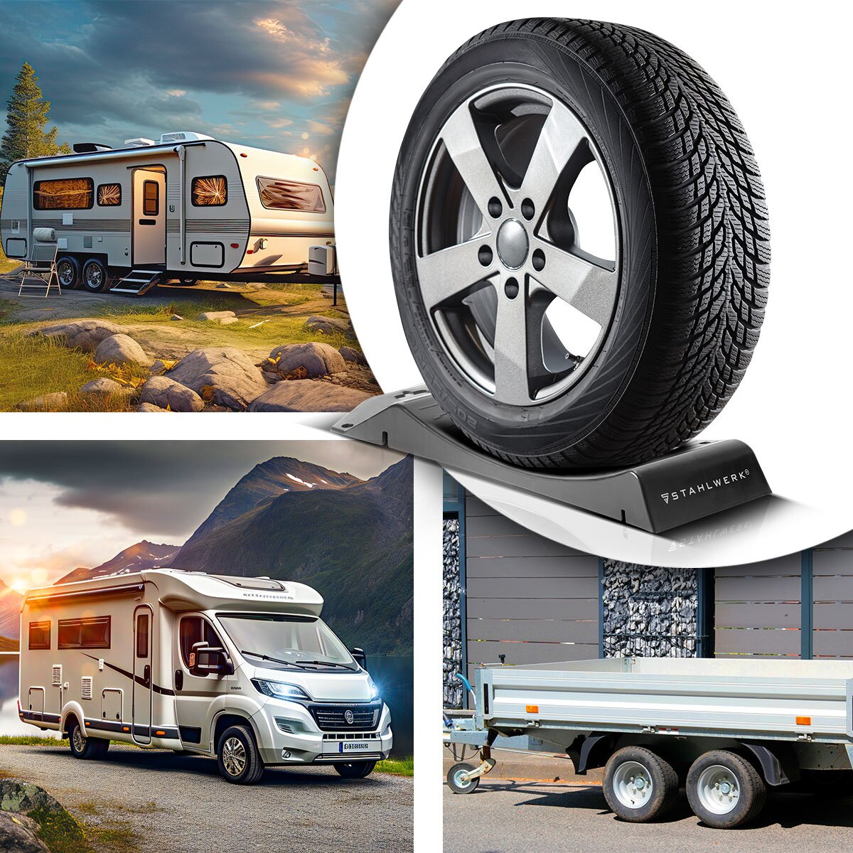 Plaques de base de protection de pneu STAHLWERK GT-18 ST, jeu de 4 avec support de pneu d'une capacité de charge de 2,7 t | Chaussures à pneus | pierre d'achoppement | Cale de roue pour voitures, camping-cars, camping-cars, caravanes ou caravanes
