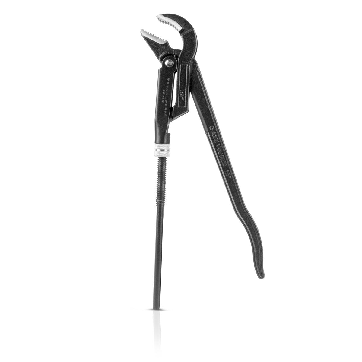 Clé à tube STAHLWERK 1,5" pouce (38 mm) S/45° chrome vanadium 420 mm, revêtement en poudre, pince multiprise 4 en 1 avec largeur de serrage de 60 mm, mâchoires trempées, course courbée et dents décalées