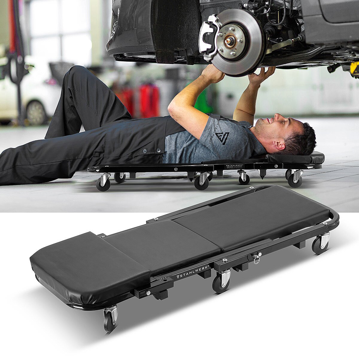STAHLWERK 2 in 1 Werkstatthocker FRC-40 ST mit 150 kg Tragfähigkeit, faltbares Kfz-Rollbrett | Montagerollbrett | Werkstattliege | Montageliege mit Sitz- und Liegefunktion
