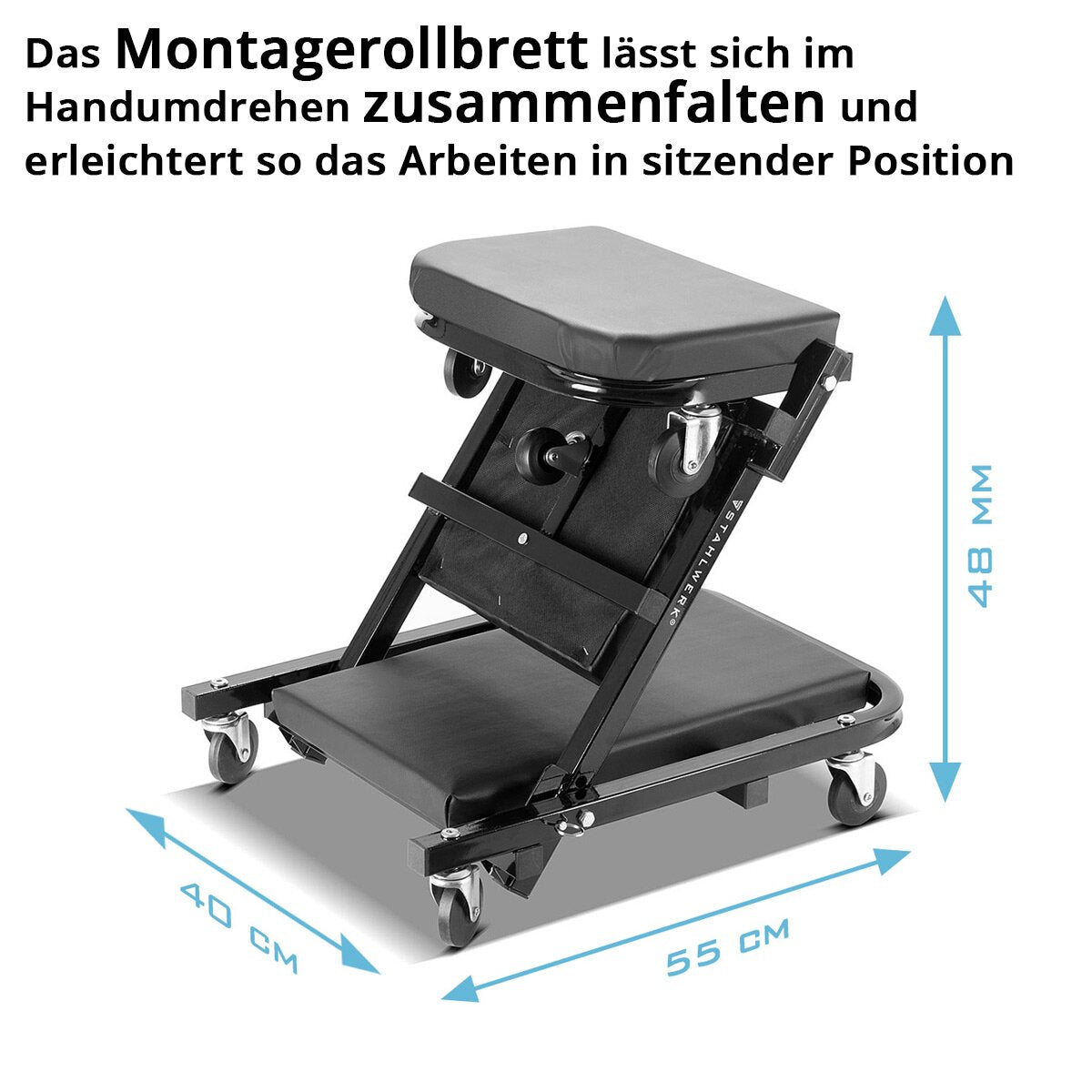 STAHLWERK 2 in 1 Werkstatthocker FRC-40 ST mit 150 kg Tragfähigkeit, faltbares Kfz-Rollbrett | Montagerollbrett | Werkstattliege | Montageliege mit Sitz- und Liegefunktion