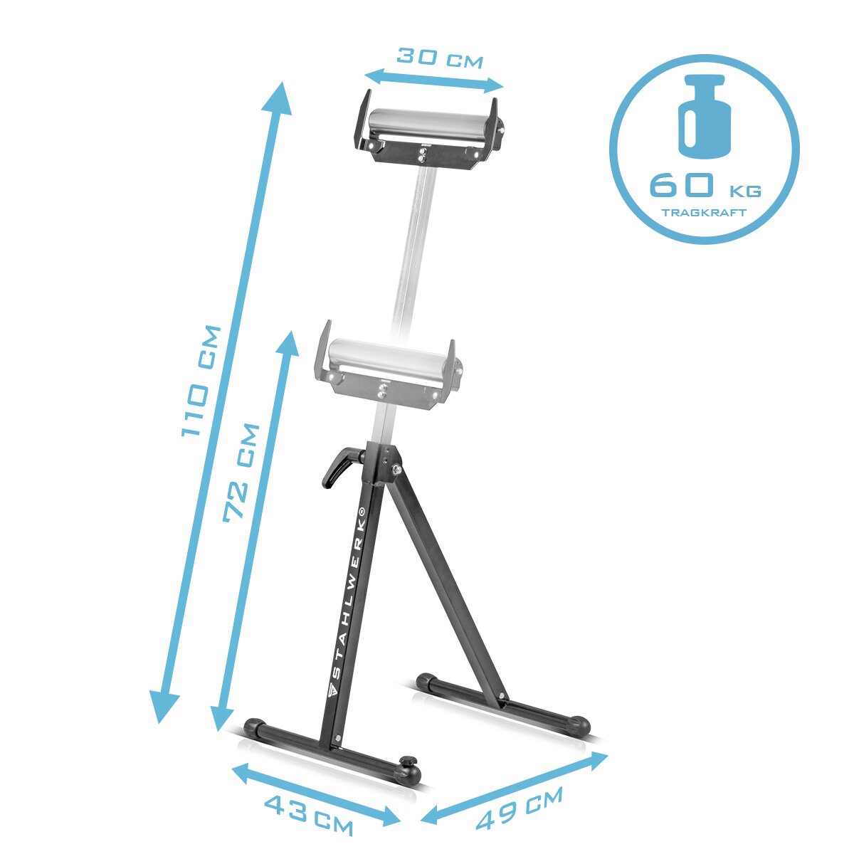 STAHLWERK cavalletto a rulli RB-110 ST cavalletto da lavoro | Cavalletto pieghevole regolabile in altezza da 720 a 1.100 mm con portata di 60 kg e supporto a rulli