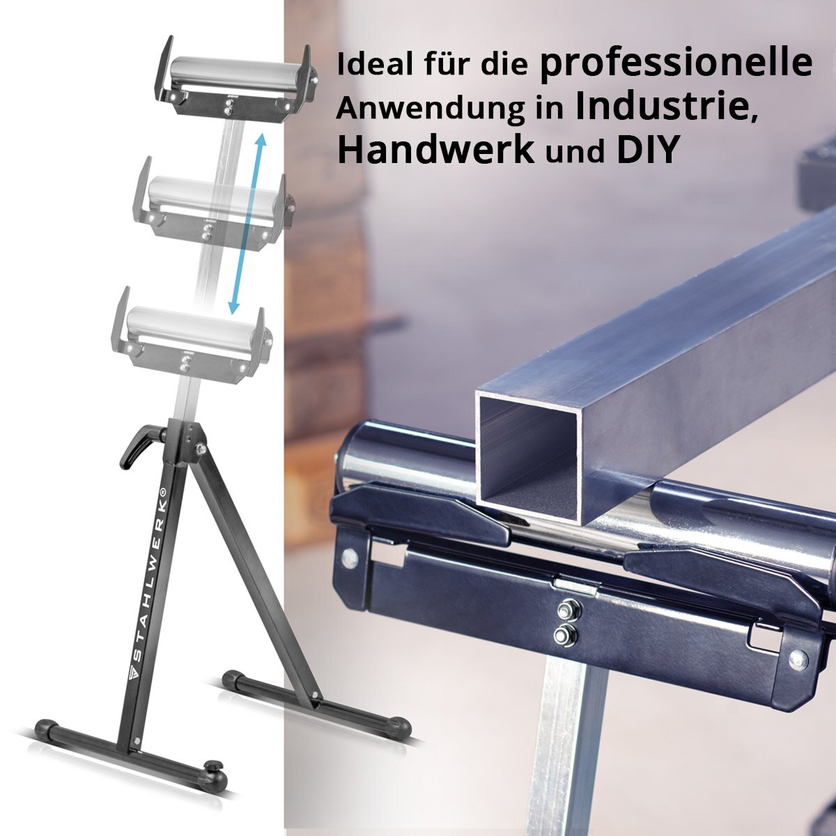 STAHLWERK cavalletto a rulli RB-110 ST cavalletto da lavoro | Cavalletto pieghevole regolabile in altezza da 720 a 1.100 mm con portata di 60 kg e supporto a rulli