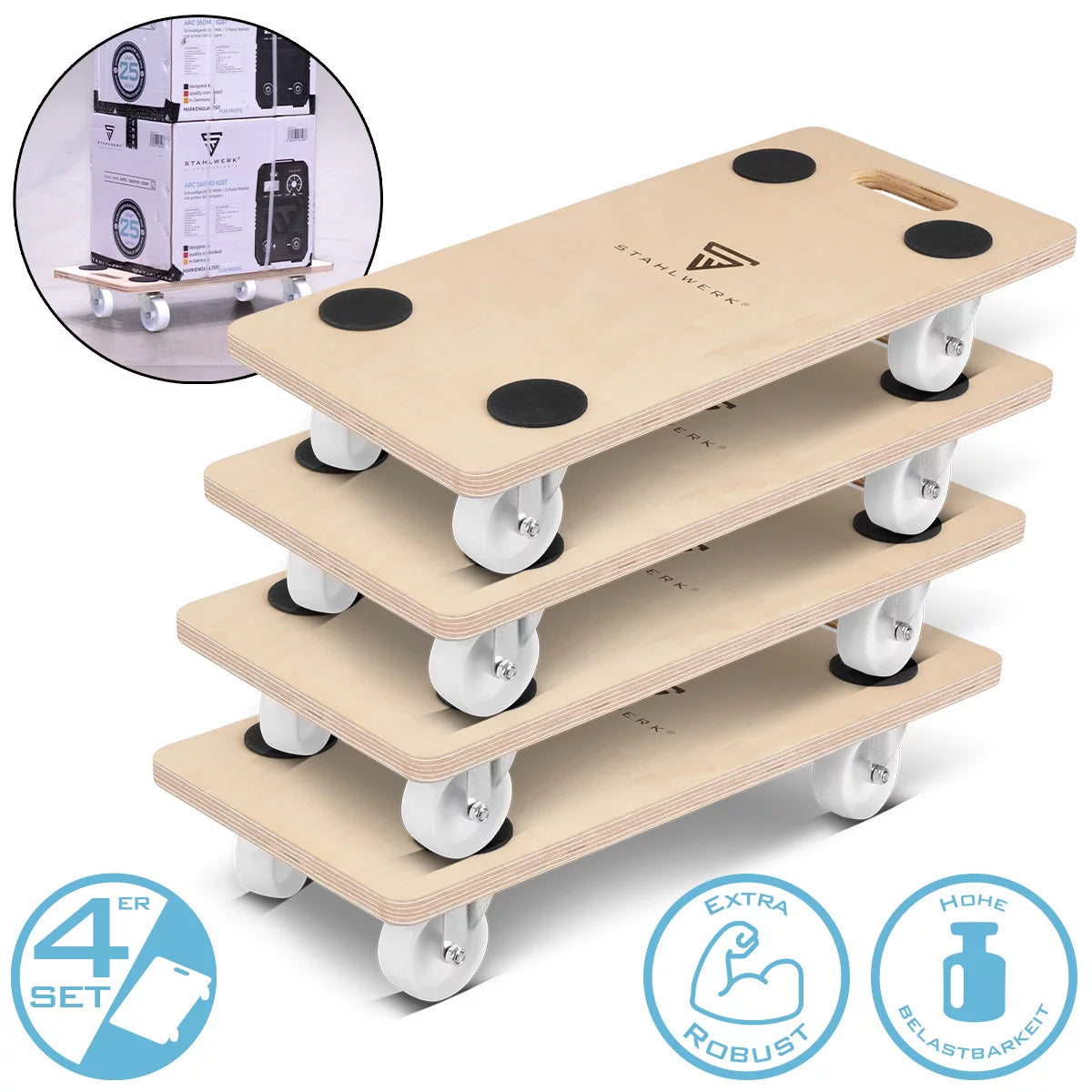 STAHLWERK TR-250 ST trolley set of 4 with 250 kg load capacity and abrasion-resistant swivel castors 58 x 29 cm platform trolley | Transport trolley | Furniture trolley | Rolling board | Handcart | Transport scooter
