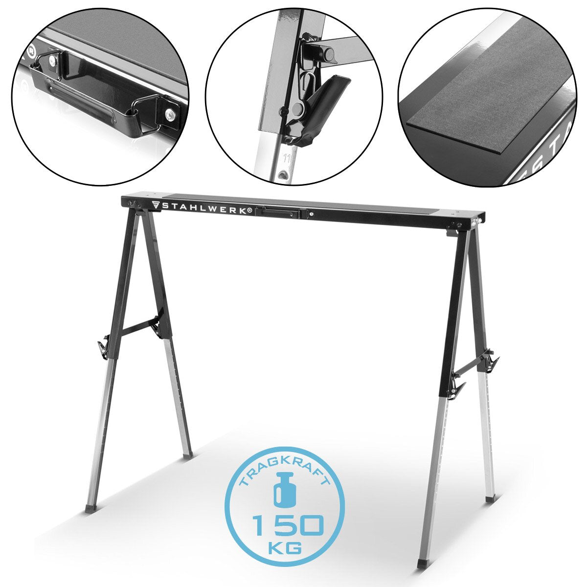 STAHLWERK sawhorse SB-910 ST powder-coated metal workhorse | Universal folding trestle | Scaffolding trestle height adjustable from 645 to 910 mm with 150 kg load capacity and non-slip surface