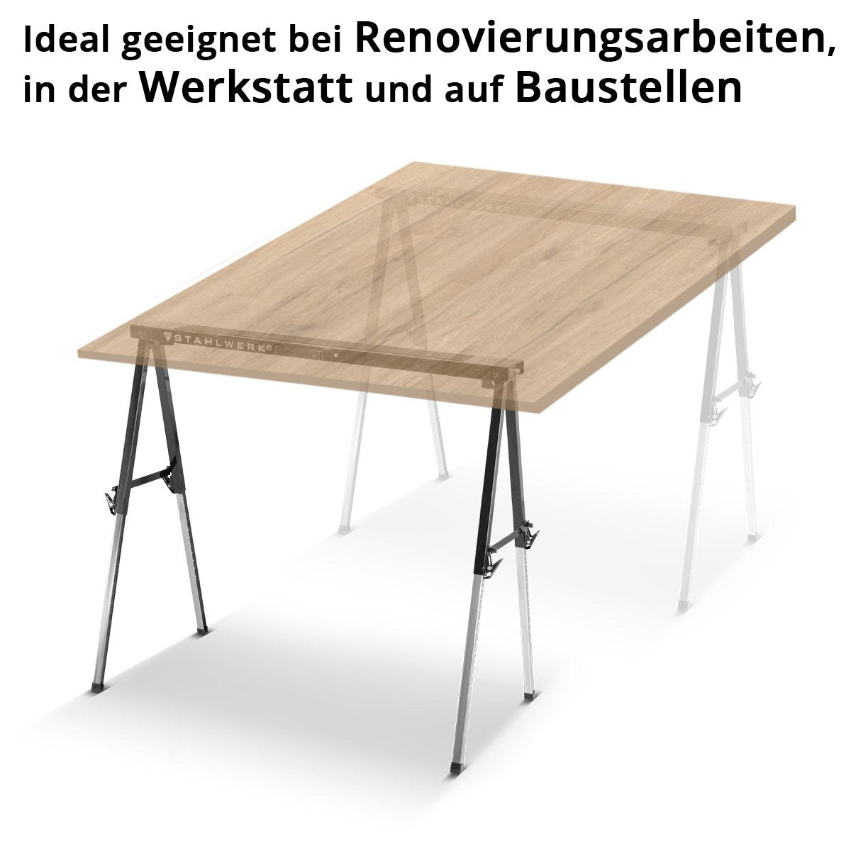 STAHLWERK sawhorse SB-910 ST powder-coated metal workhorse | Universal folding trestle | Scaffolding trestle height adjustable from 645 to 910 mm with 150 kg load capacity and non-slip surface