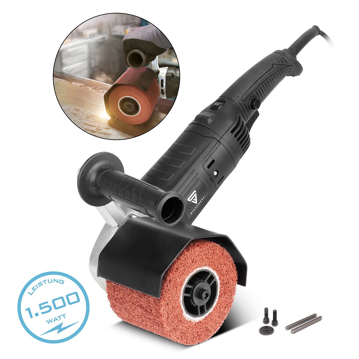 Machine à satiner STAHLWERK SM-1500 ST d'une puissance de 1 500 W et 600 - 3 200 tr/min pour rouleaux de satinage de 125 mm, ponceuse à brosse | Rectifieuse de rouleaux | Meuleuse à brosse | Rouleau de ponçage
