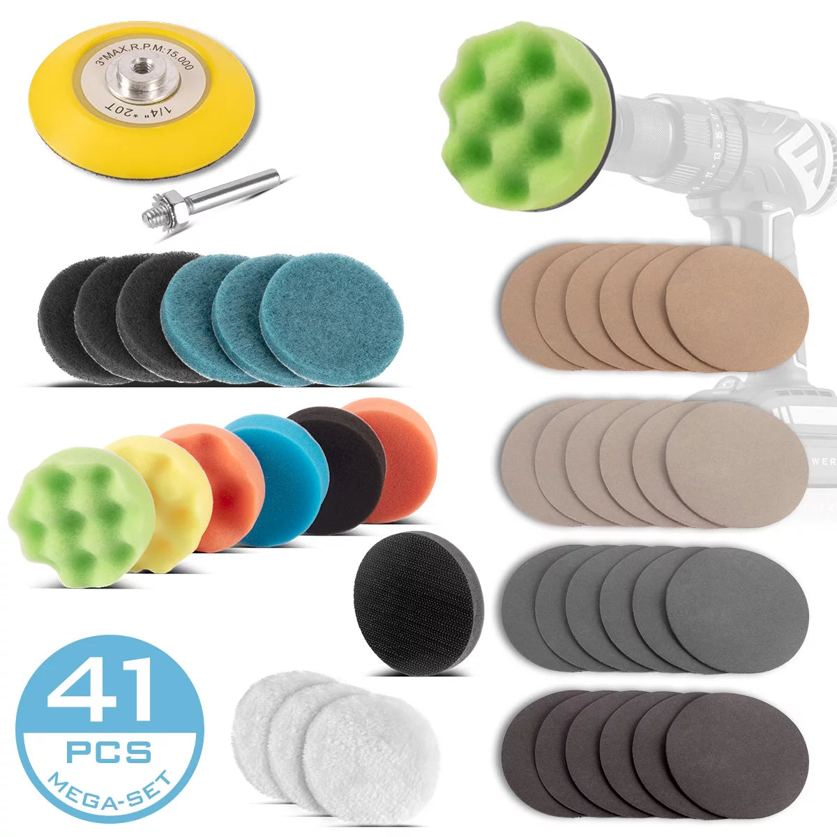 STAHLWERK headlight repair set 41-piece polishing set for cordless screwdrivers including sanding pads and polishing sponges for the professional preparation of cloudy, dull and blind headlights