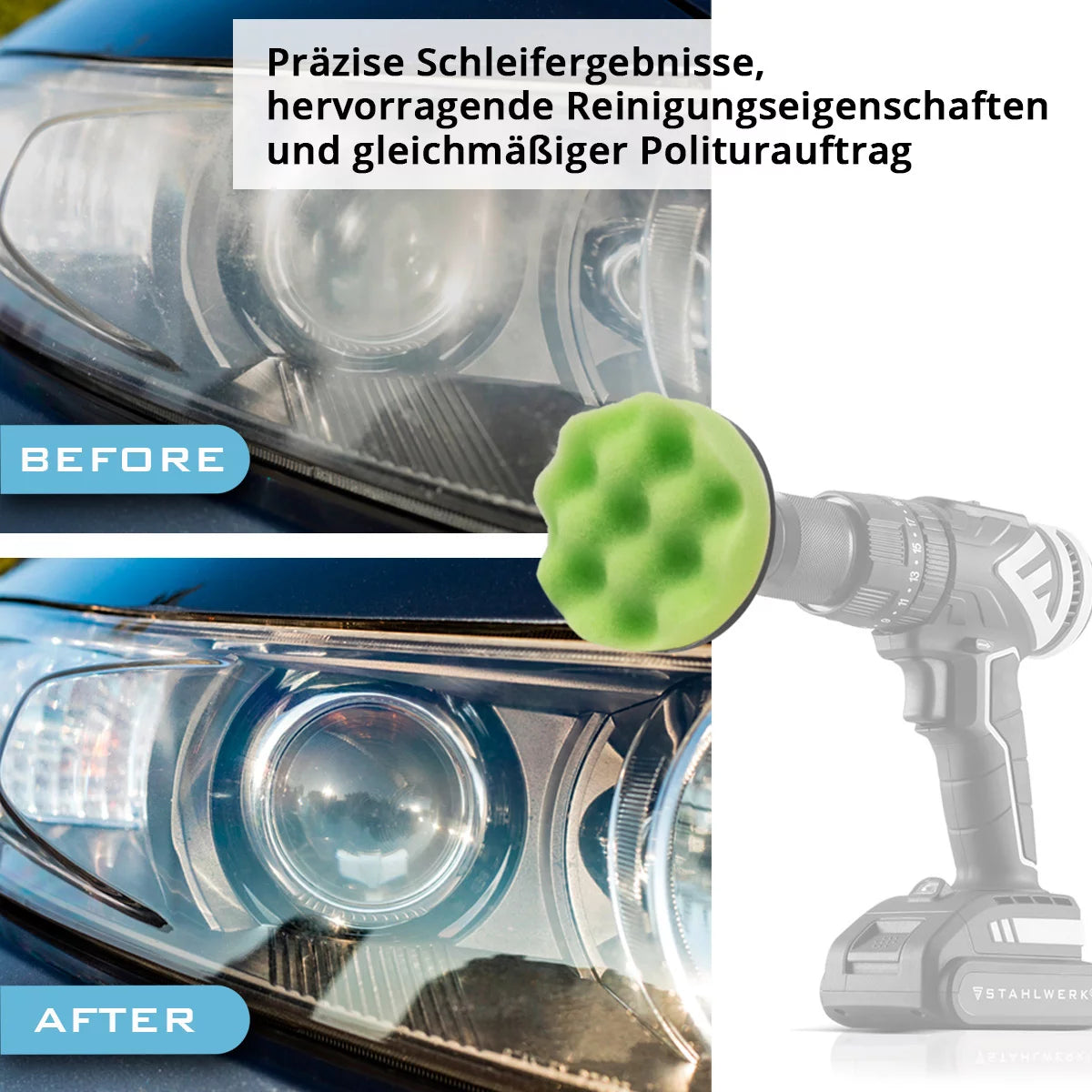 STAHLWERK headlight repair set 41-piece polishing set for cordless screwdrivers including sanding pads and polishing sponges for the professional preparation of cloudy, dull and blind headlights