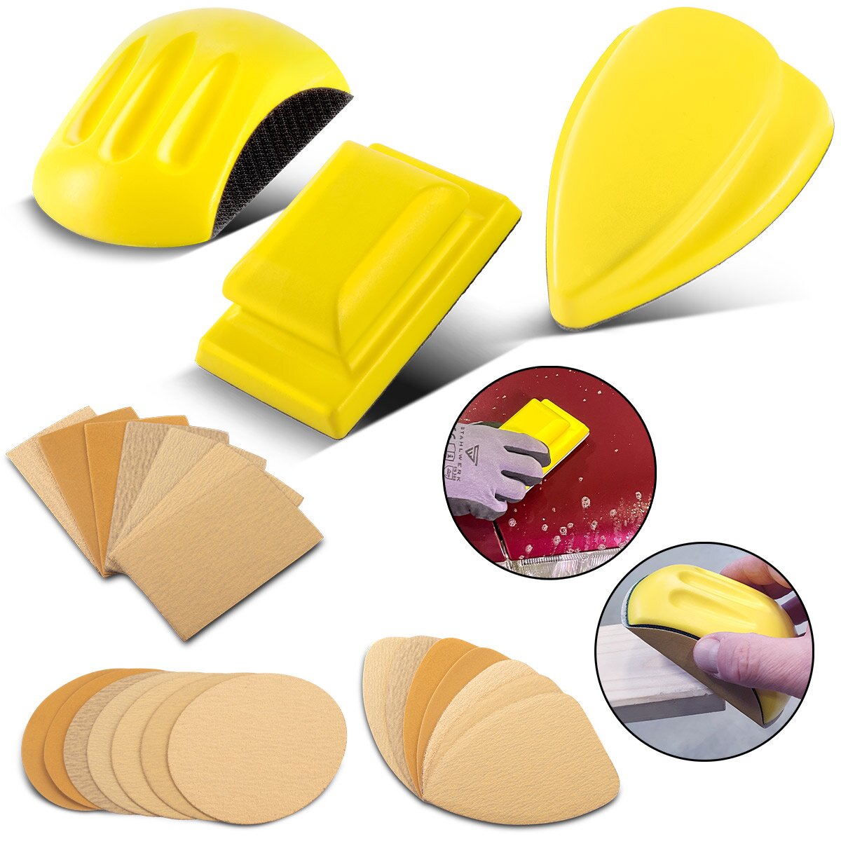Bloc de ponçage manuel STAHLWERK, lot de 3 avec P80 | P100 | P120 | P150 | P180 | P240 | Bloc de ponçage grain P320 | Éponge abrasive | Patin de ponçage | bloc de ponçage | Ponceuse à main en mousse PU avec abrasif Velcro