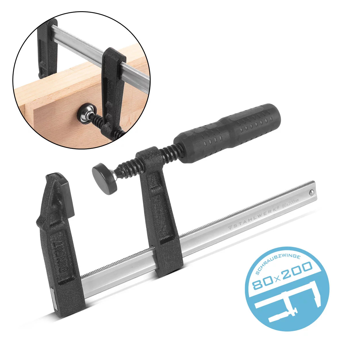 STAHLWERK screw clamp 80x200 mm | powerful clamp made of steel and plastic | F-clamp for fixing workpieces | stable clamp with a clamping width of 200 mm, clamping depth of 80 mm