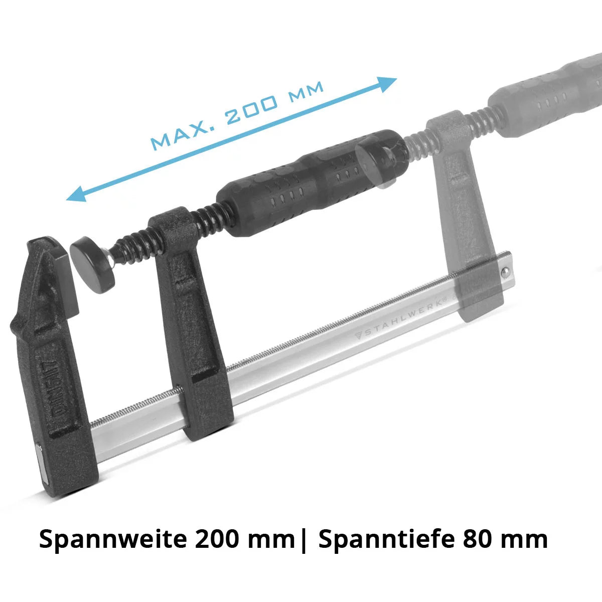 STAHLWERK screw clamp 80x200 mm | powerful clamp made of steel and plastic | F-clamp for fixing workpieces | stable clamp with a clamping width of 200 mm, clamping depth of 80 mm