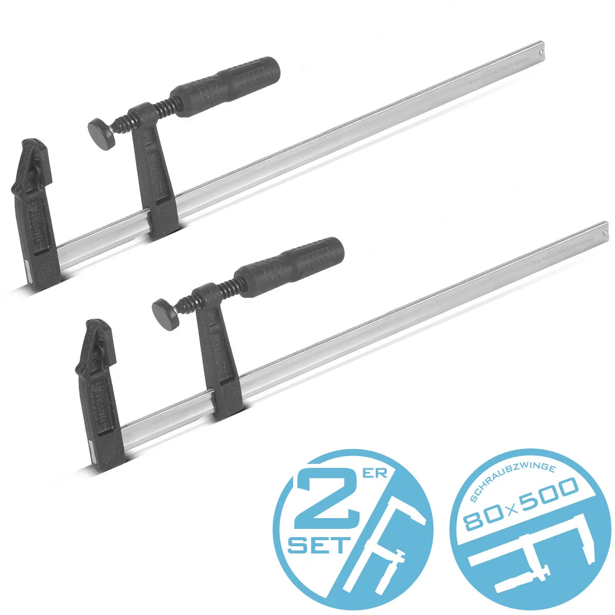 Collier de serrage à vis STAHLWERK 80x500 mm jeu de 2 | pince puissante en acier et plastique | Pince F pour la fixation de pièces | pince stable avec une largeur de serrage de 500 mm, profondeur de serrage de 80 mm