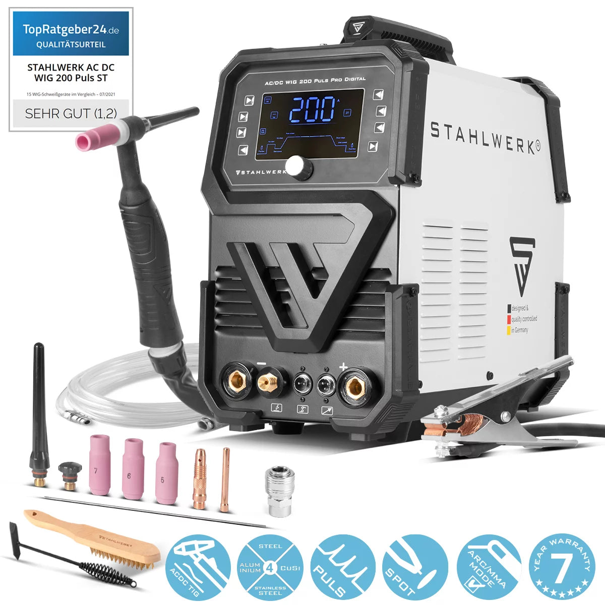Soldadora STAHLWERK con gas protector AC/DC TIG 200 Puls Pro Digital | Inversor IGBT de 200 amperios, función ARC/MMA, memoria de trabajo, función de pulso y punto, apto para aluminio y chapa fina