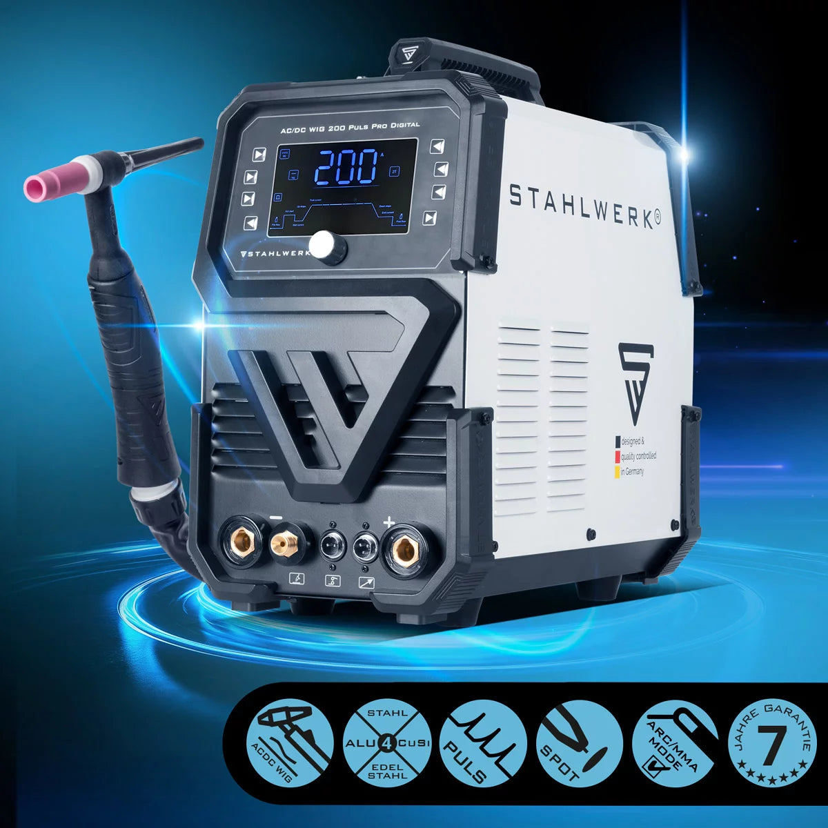 Soldadora STAHLWERK con gas protector AC/DC TIG 200 Puls Pro Digital | Inversor IGBT de 200 amperios, función ARC/MMA, memoria de trabajo, función de pulso y punto, apto para aluminio y chapa fina