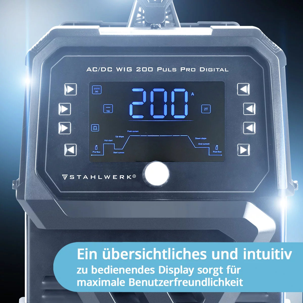 Soldadora STAHLWERK con gas protector AC/DC TIG 200 Puls Pro Digital | Inversor IGBT de 200 amperios, función ARC/MMA, memoria de trabajo, función de pulso y punto, apto para aluminio y chapa fina