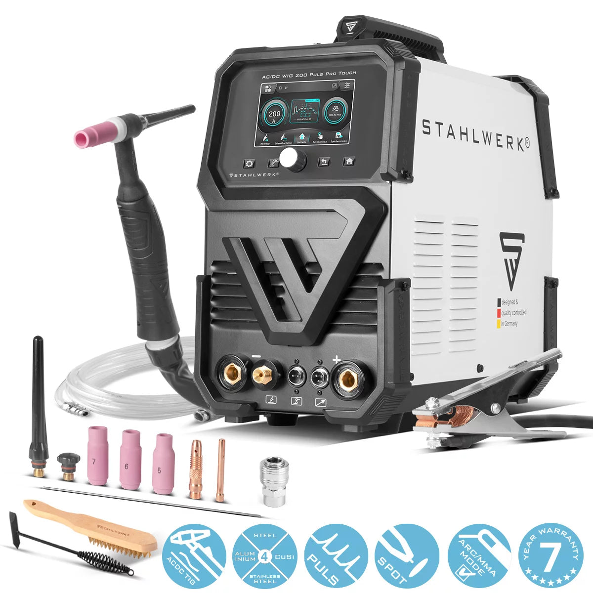 STAHLWERK inert gas welding machine AC/DC TIG 200 Puls Pro Touch | IGBT inverter with 200 amps | ARC/MMA function | Job storage | Pulse and spot function suitable for aluminum and thin sheet metal