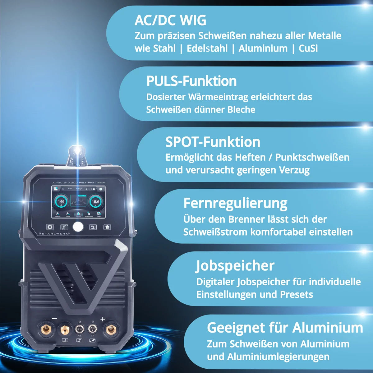 STAHLWERK inert gas welding machine AC/DC TIG 200 Puls Pro Touch | IGBT inverter with 200 amps | ARC/MMA function | Job storage | Pulse and spot function suitable for aluminum and thin sheet metal