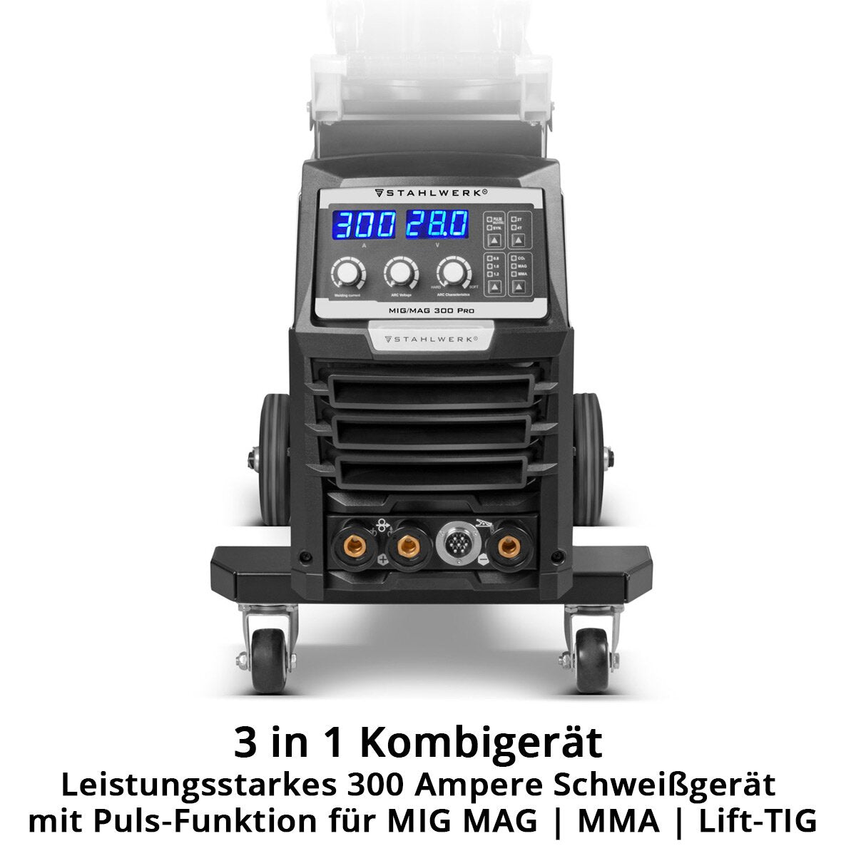 STAHLWERK Schweißgerät MIG MAG 300 Pro Vollsynergischer IGBT Inverter mit 300 A und Puls-Funktion 3-in-1 Kombi-Schweißanlage MIG MAG | MMA | Lift-TIG