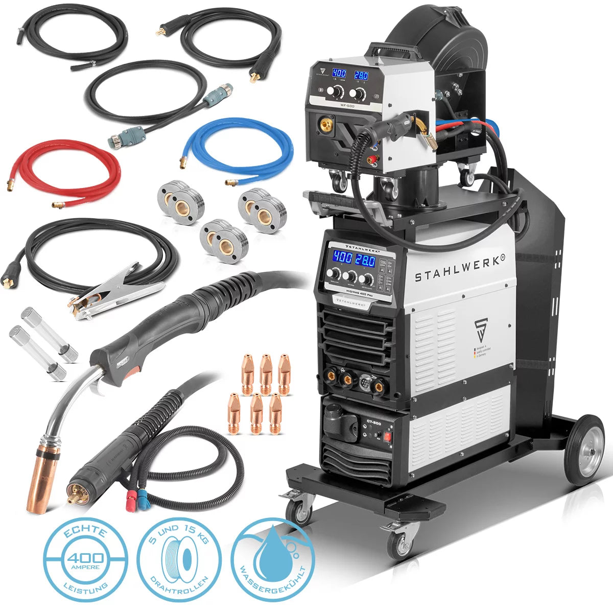 STAHLWERK Schweißgerät MIG MAG 400 Pro Vollsynergischer, wassergekühlter IGBT Inverter mit 400 A und Puls-Funktion 3-in-1 Kombi-Schweißanlage MIG MAG | MMA | Lift-TIG