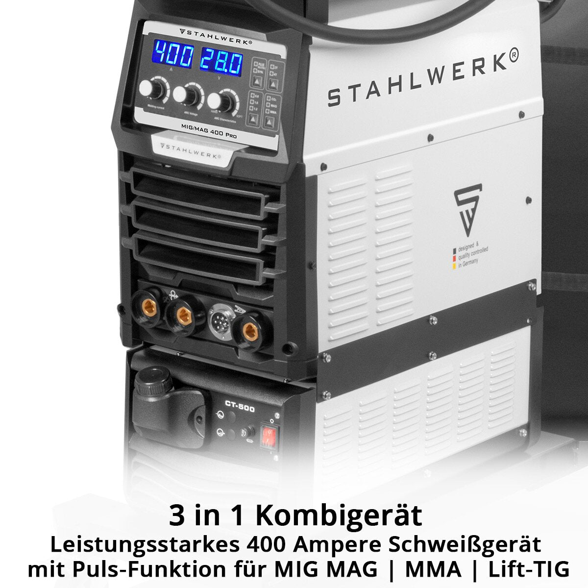 STAHLWERK welding machine MIG MAG 400 Pro fully equipped fully synergic, water-cooled IGBT inverter with 400 A and pulse function 3-in-1 combination welding system MIG MAG | MMA | Lift TIG