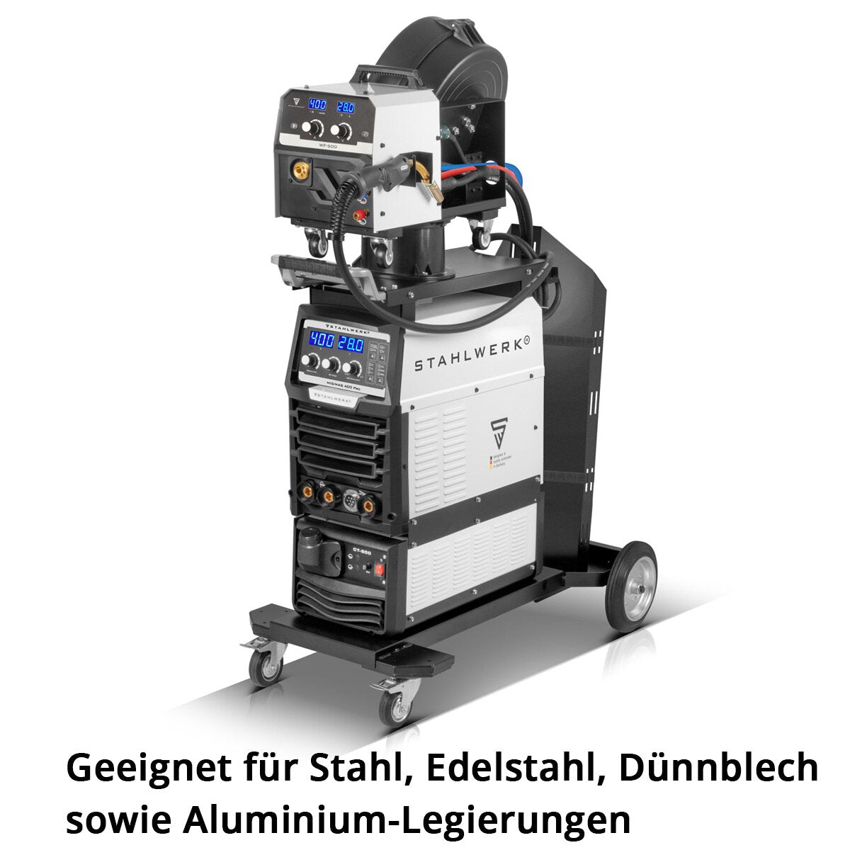 STAHLWERK welding machine MIG MAG 400 Pro fully equipped fully synergic, water-cooled IGBT inverter with 400 A and pulse function 3-in-1 combination welding system MIG MAG | MMA | Lift TIG