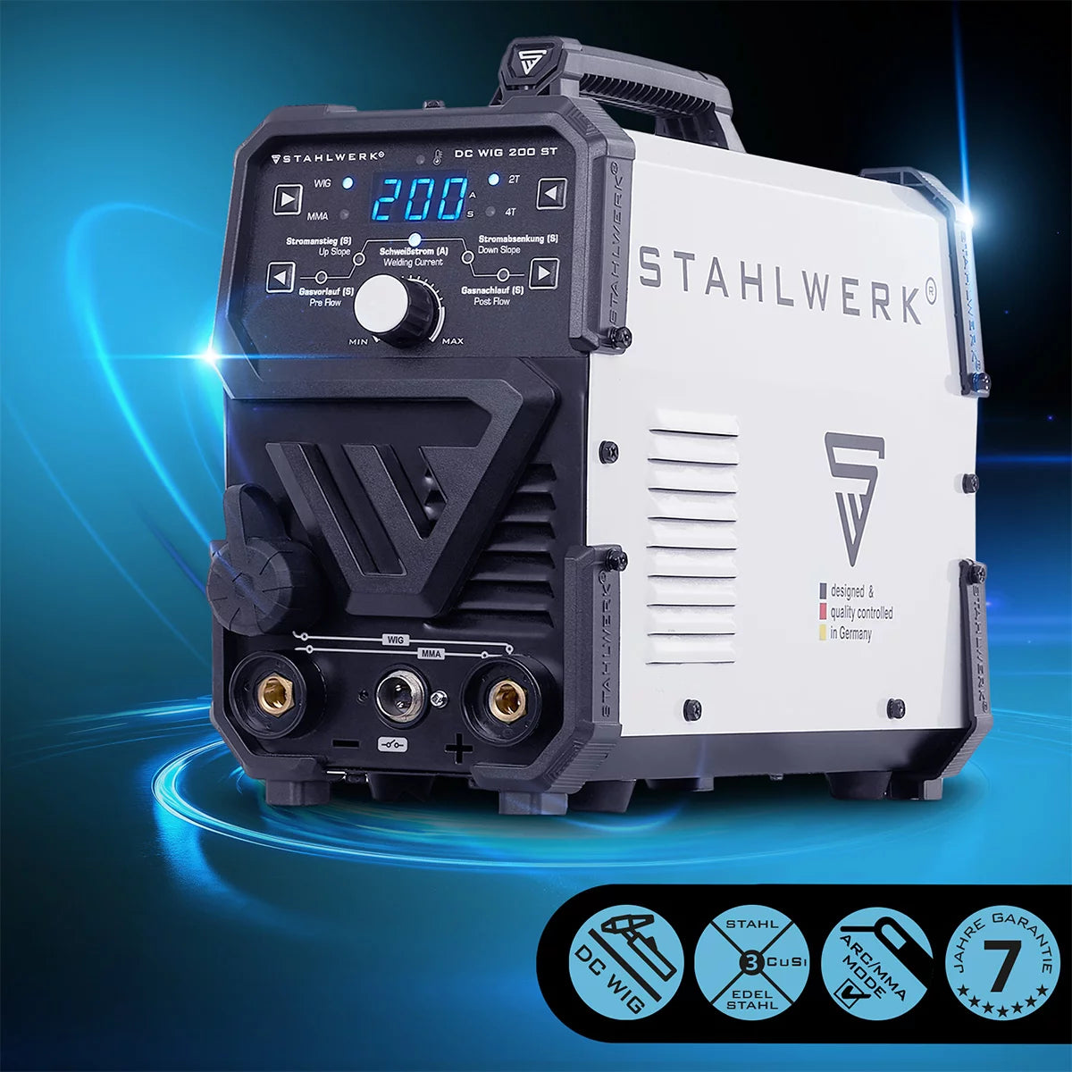 STAHLWERK DC TIG 200 ST | Saldatrice combinata 2 in 1 | TIGMMA | 200 ampere | Accensione HF, hot start, anti-stick | Per acciaio, acciaio inox, rame, ottone | Non adatto per l'alluminio