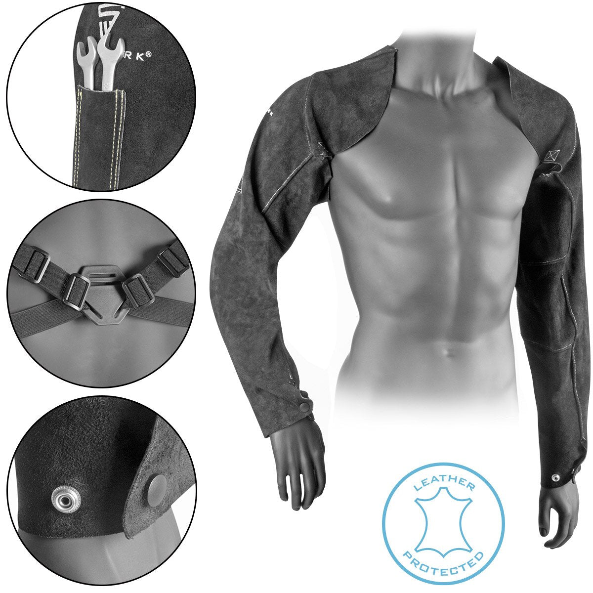 Manguitos de soldadura STAHLWERK | Guanteletes de soldador | | Protección del brazo de soldadura | Ropa de protección para soldar con correas de cuero serraje de alta calidad para soldadura y corte por plasma