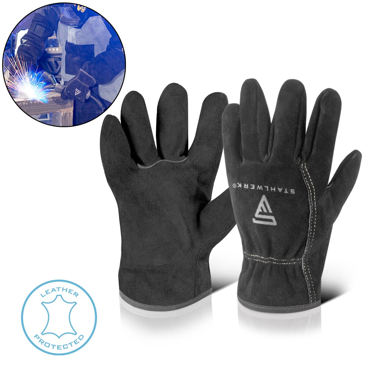 STAHLWERK Schweißerhandschuhe | Hitzeschutzhandschuhe | Arbeitshandschuhe | Hitzebeständige Handschuhe aus hochwertigem Spaltleder zum Schweißen und Plasmaschneiden