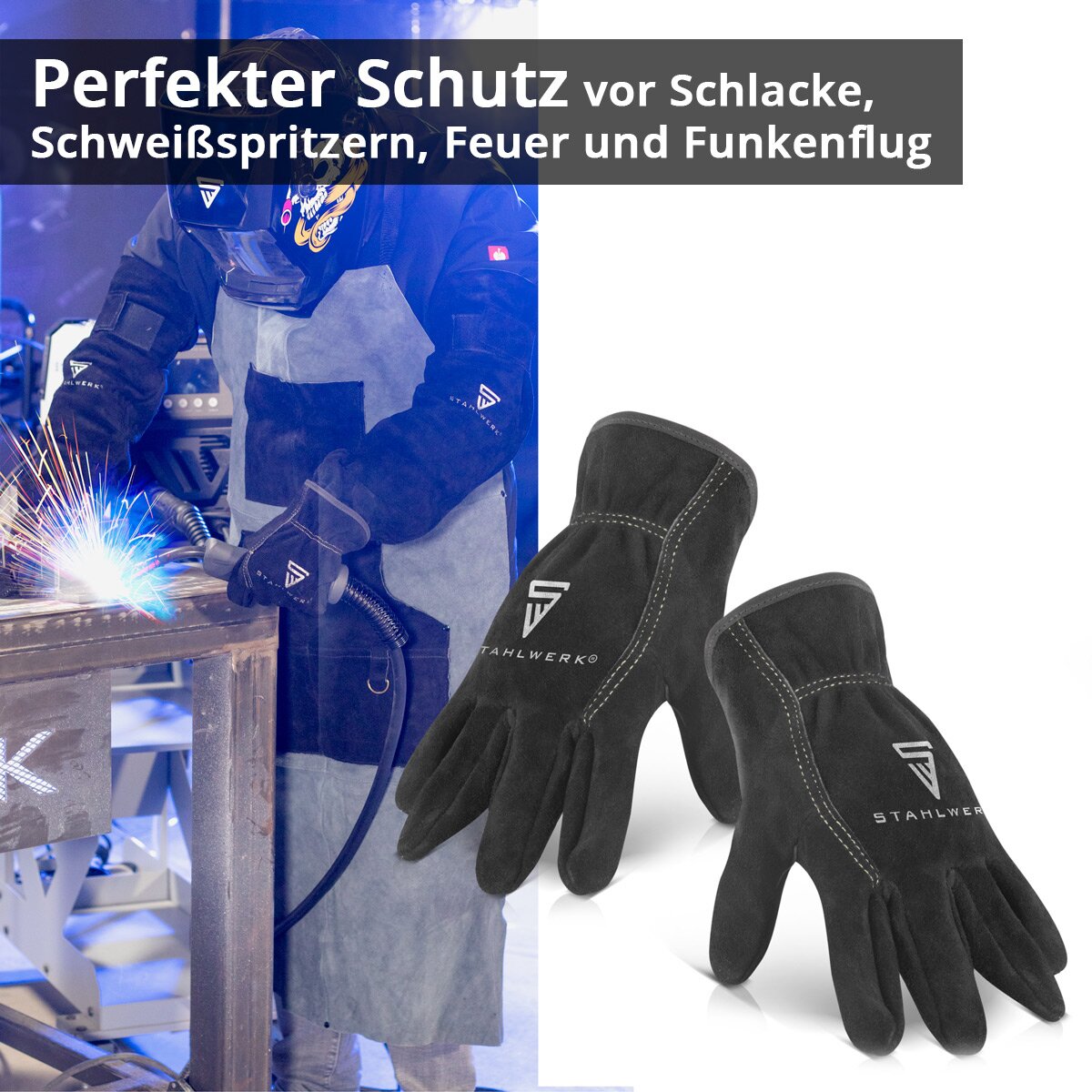STAHLWERK Schweißerhandschuhe | Hitzeschutzhandschuhe | Arbeitshandschuhe | Hitzebeständige Handschuhe aus hochwertigem Spaltleder zum Schweißen und Plasmaschneiden