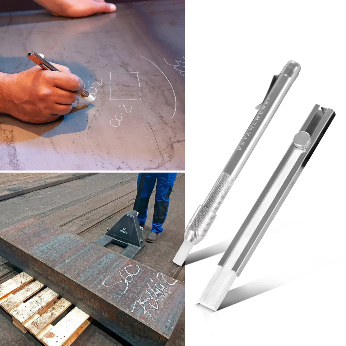 STAHLWERK welding chalk set 12 pieces, chalk holder flat and round made of aluminum, soapstone pencils for refilling with 10 pieces of soapstone chalk for marking on steel, stainless steel, aluminum