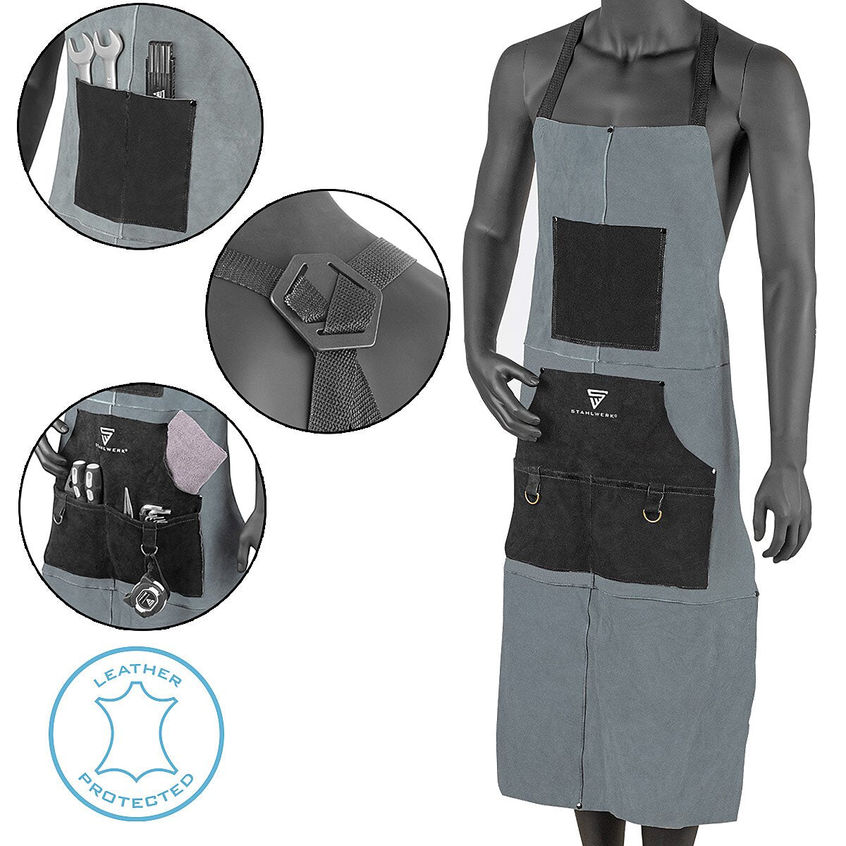 STAHLWERK welding apron | Protective apron | Leather apron | Blacksmith apron | Work apron | Workshop apron | Welding apron made of high-quality split leather for welding and plasma cutting