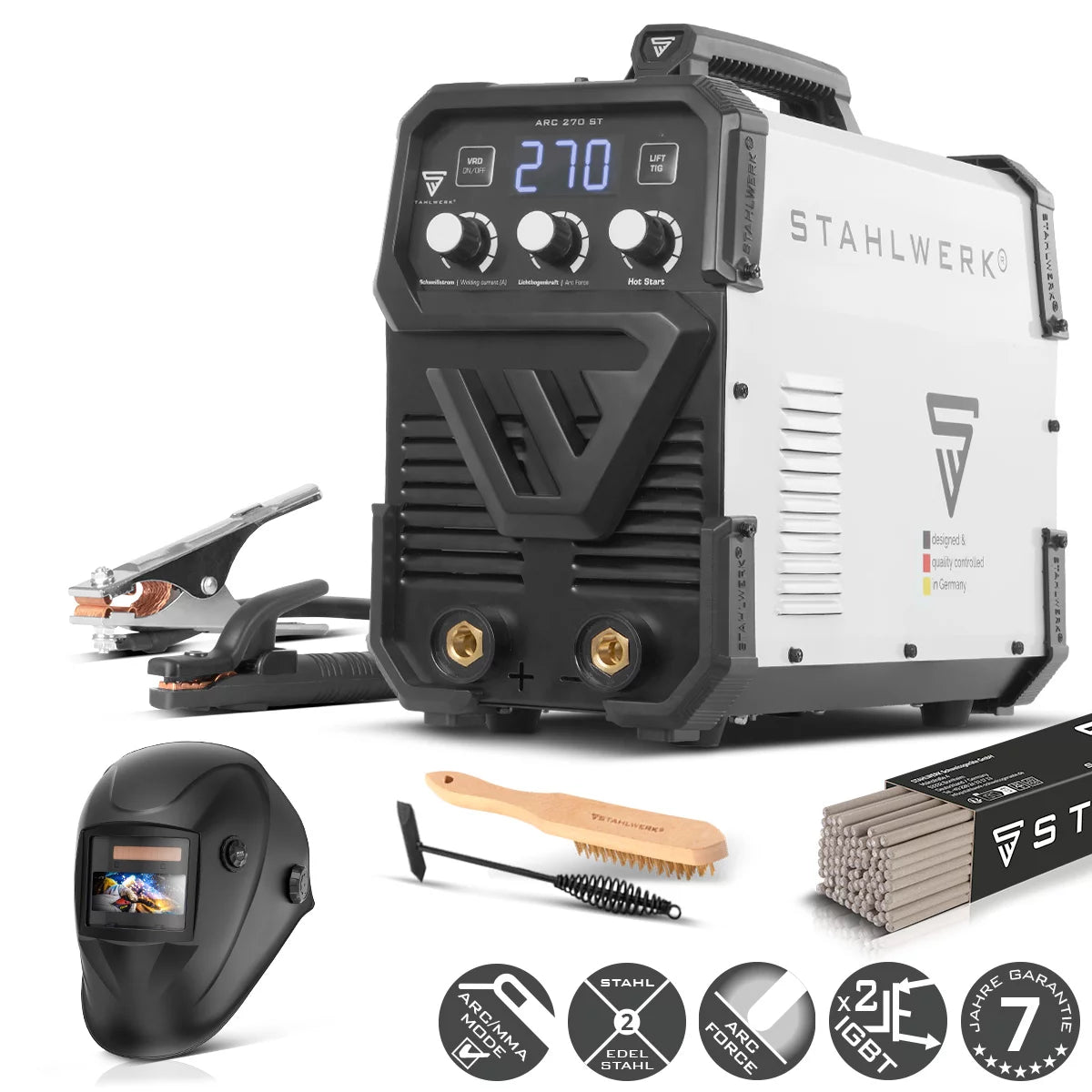 STAHLWERK ARC 270 ST fully equipped IGBT welding machine DC MMA / E-hand welder, lift-TIG function with real 270 amps, very compact, 400V, white
